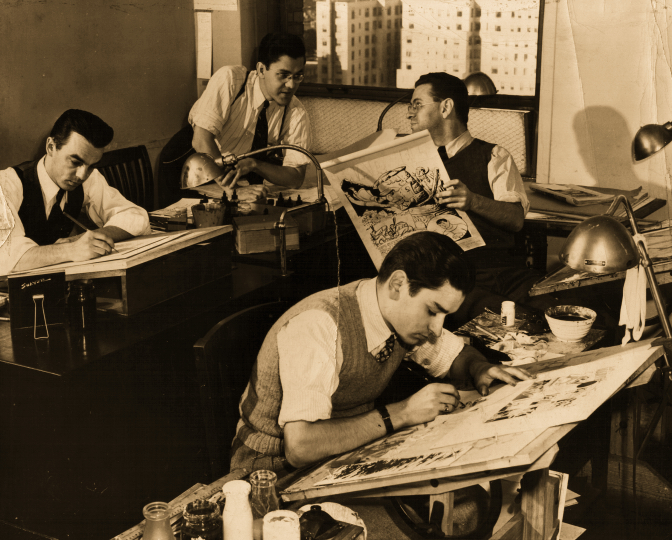 Richard Deane Taylor working at Fawcett Publication Studios on a Whiz Comics Captain Marvel story in 1942 at 17 years old.